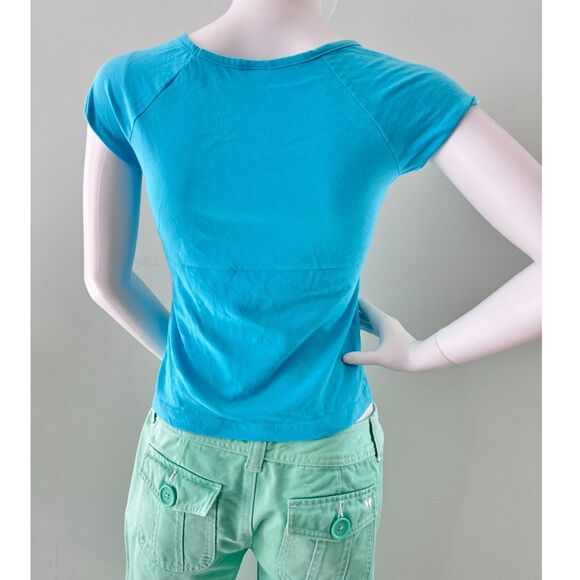 Vintage Y2k Polly's Curio Shop Graphic Tee Turquoise Women's Baby Tee size XS - Picture 2 of 5